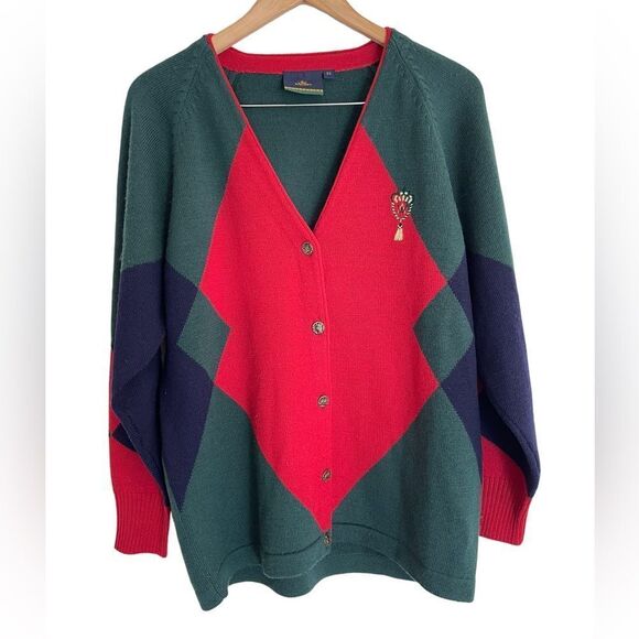 Lady Arrow Collection 100% Wool Cardigan Sweater Red Green Gold buttons Size 38 - Picture 1 of 7